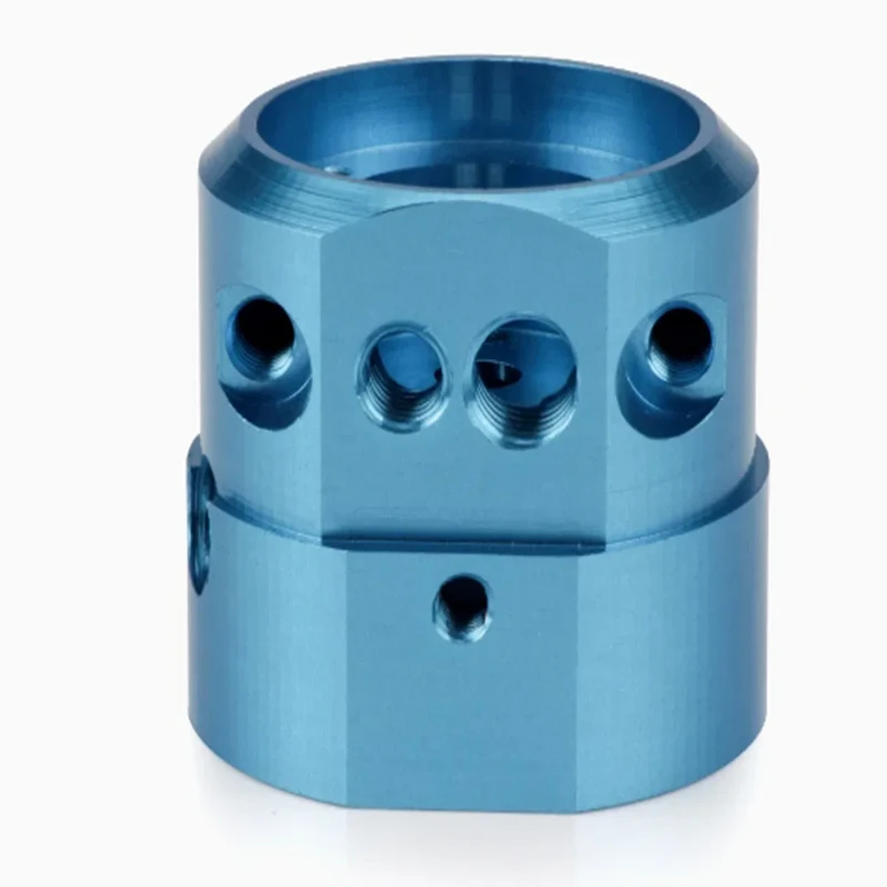 

Blue anodized aluminium CNC machined gold porous cavity body with aluminum valve body