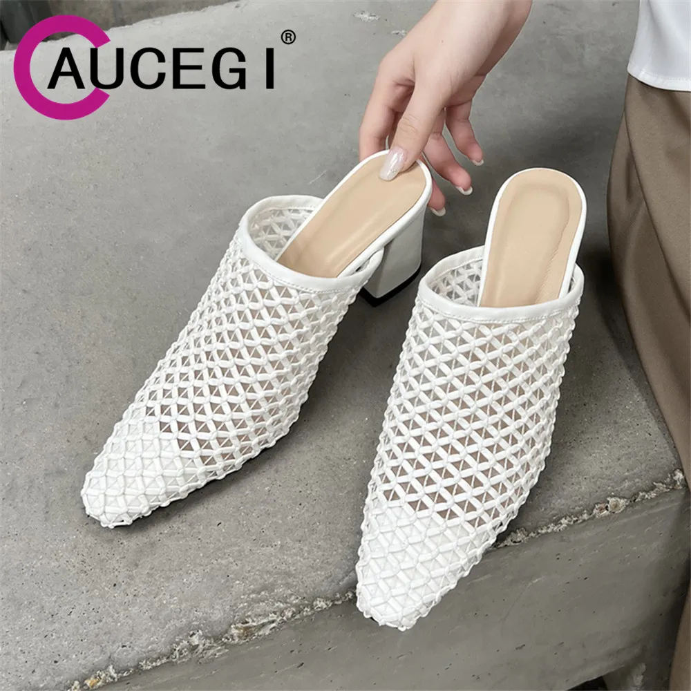 Aucegi Spring Summer Hollow Out Casual Woman Small Square Toe Thick High Heels Outdoor Commuter Dress Shoes Big Size 34-43