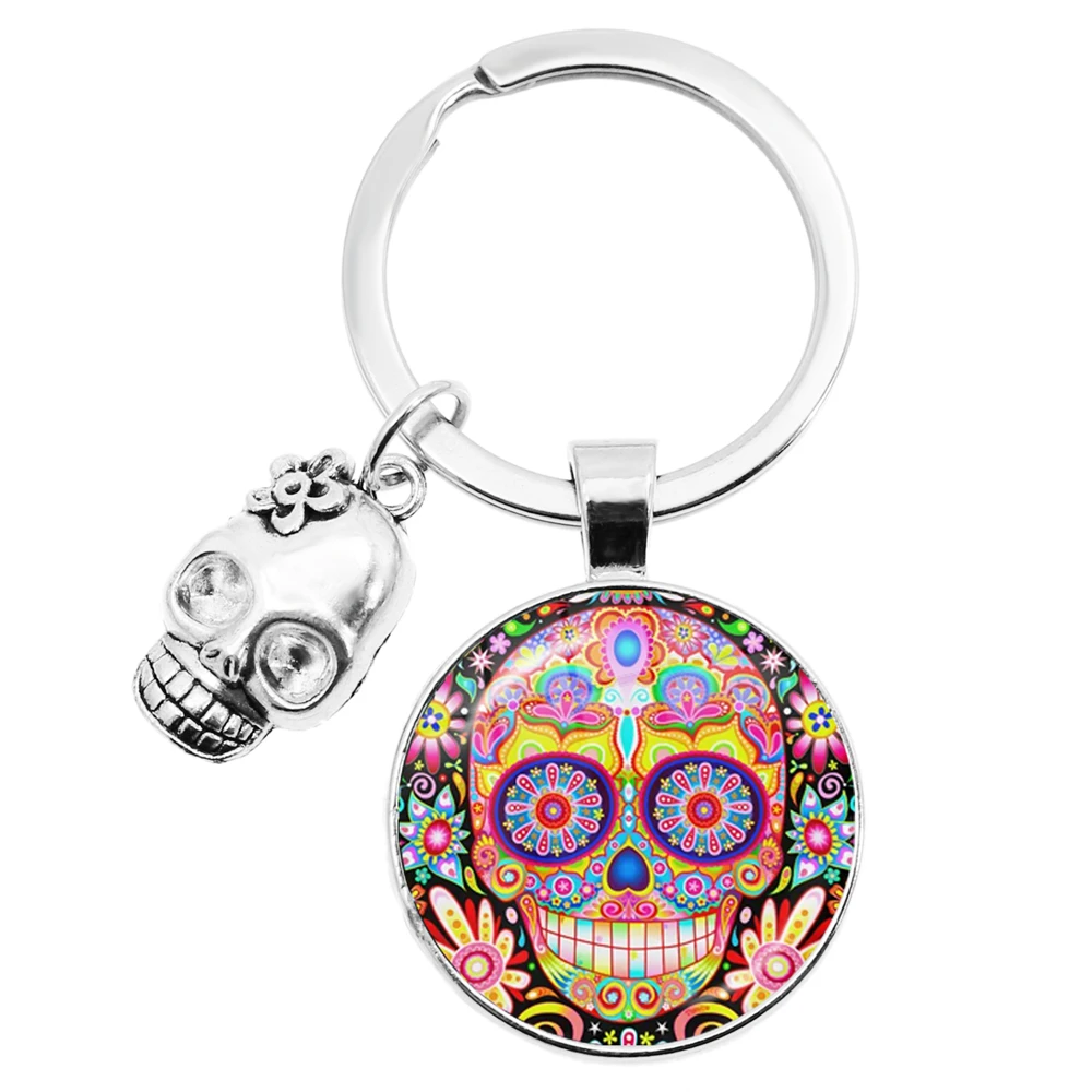 Hot Selling Colorful Sugar Skull Keychain Mexico Folk Art Patterns Glass Key Chain Skulls Accessory Jewelry Holiday Gift