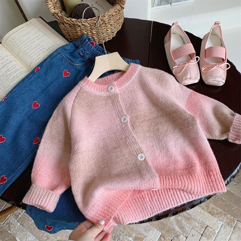 

Baby Girls Cardigan 2024 Spring Autumn Gradient Knitted Single Breasted Children Girls Sweater Pit Striped Kid Girls Knitwear