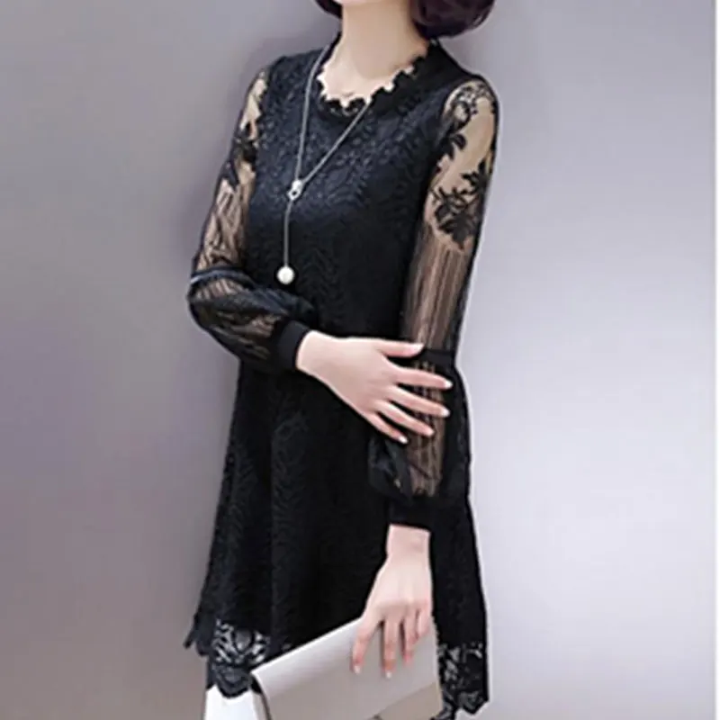 Elegant Lace Hollow Out Spliced Shirt Commute Straight 2023 Spring Autumn Long Sleeve Women\'s Clothing Round Neck Floral Blouse