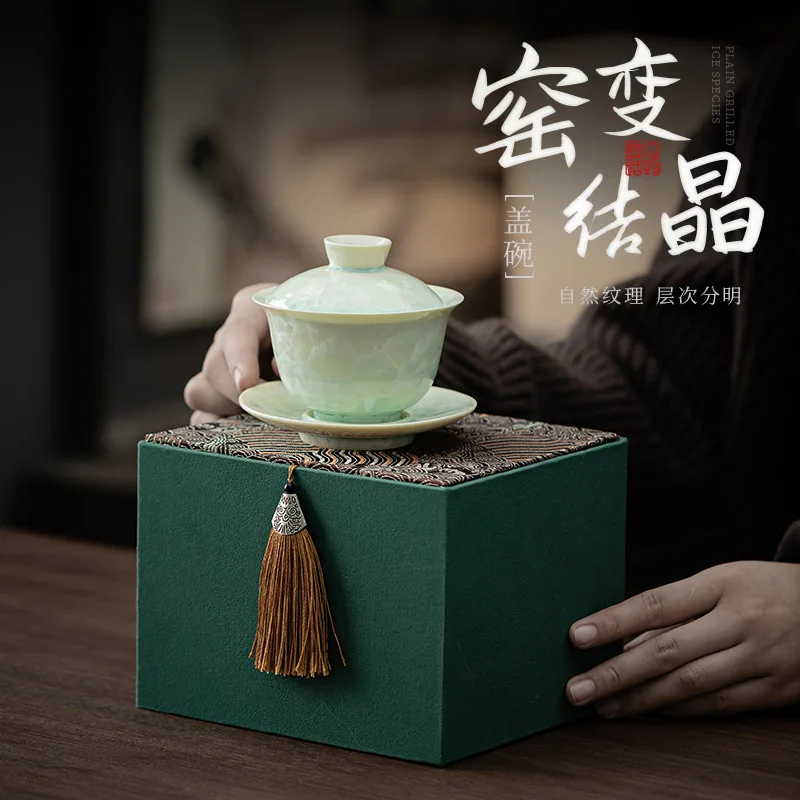 Crystal Three Talent Kung Fu Large Covered Cup Single Brewer Offering Tea Bowl Gift Box Set