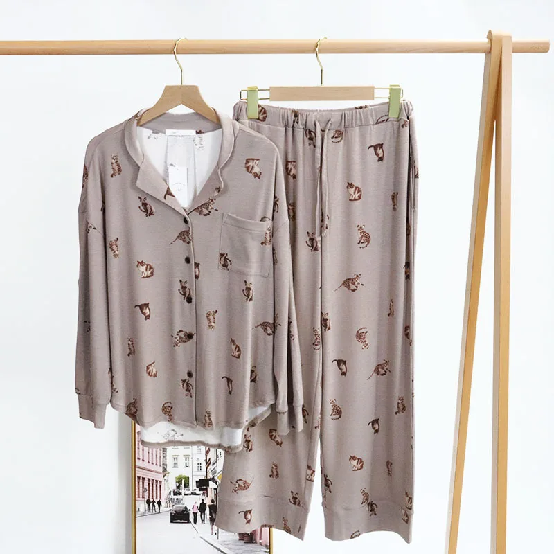 Japanese Model Cotton Cute Cat Print Pajamas Set Turn-down Button-up Long Sleeve&trousers Home Suit Soft Comfort Sleep Wear