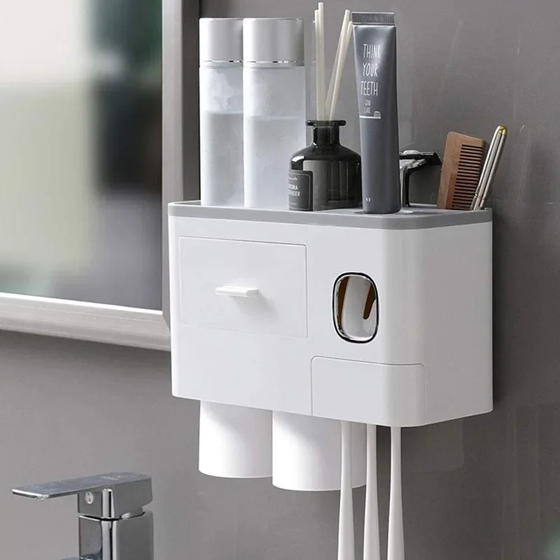 Magnetic Adsorption Toothbrush Holder Automatic Toothpaste Dispenser with Cup Wall Mount Storage Rack Bathroom Accessories Set
