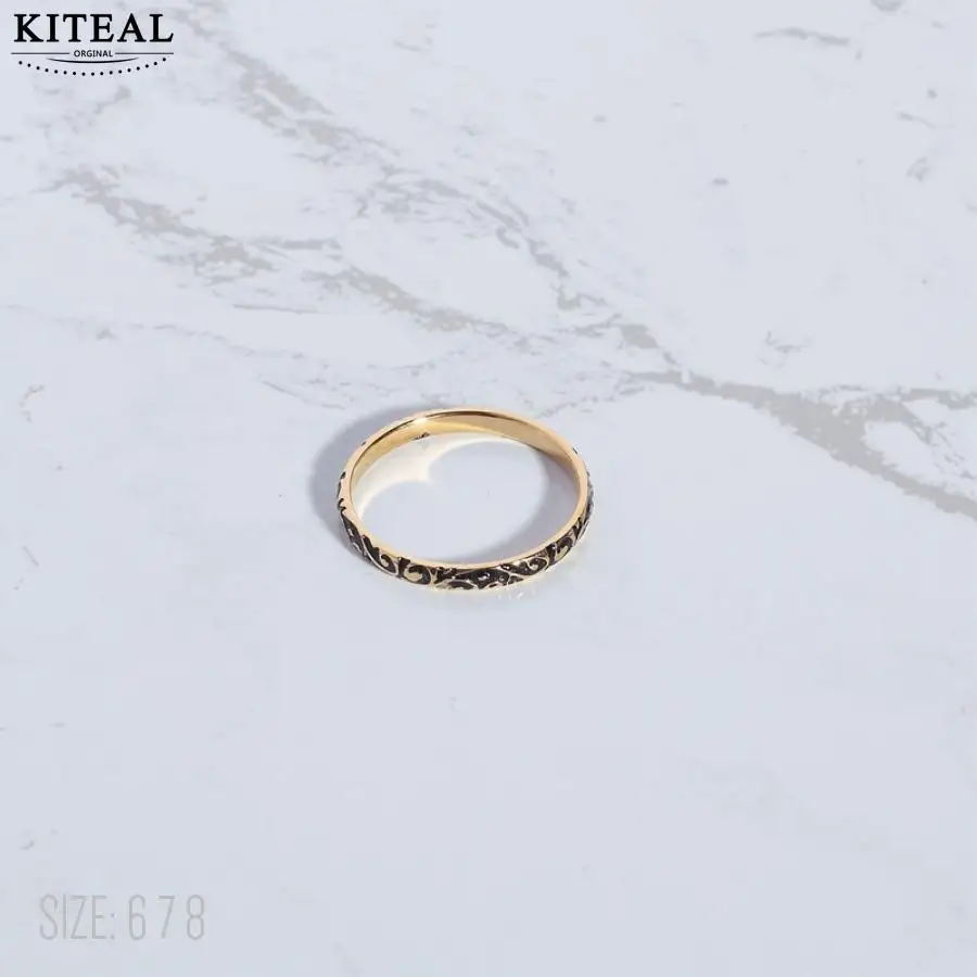 KITEAL NEW!! Gold color size 6 7 8 Girl female ring Classic black patterned ring opal Jewelry European Style