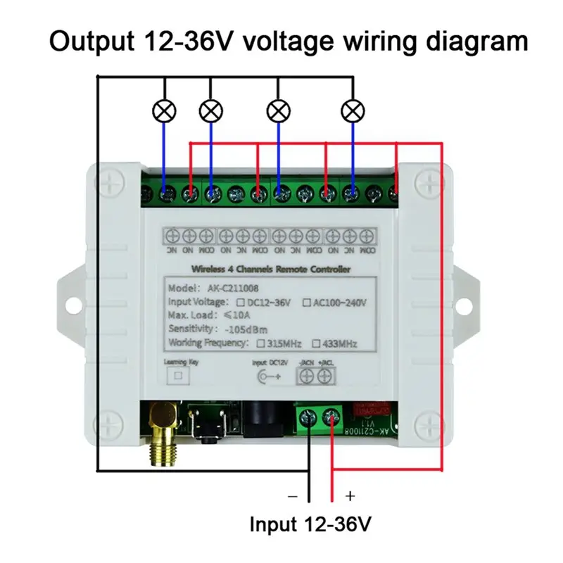 ABVJ-DC 12V 24V 36V 10A 433Mhz 4 Channel Wireless Relay RF Remote Control Switch Receiver+4CH Transmitter,4 Receiver 4 Remote