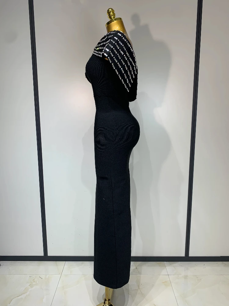 Abito da donna sexy senza spalline nero con spalle scoperte aderente con fascia elegante abito da festa lungo da cocktail casual sexy per celebrità