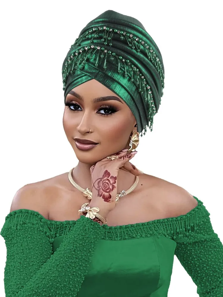 بريق كامل الجسم مطوي قبعة عمامة للنساء 2025 سيدة أشرطة رأس حجاب إسلامي قبعة Turbante Mujer غطاء الرأس الأفريقي