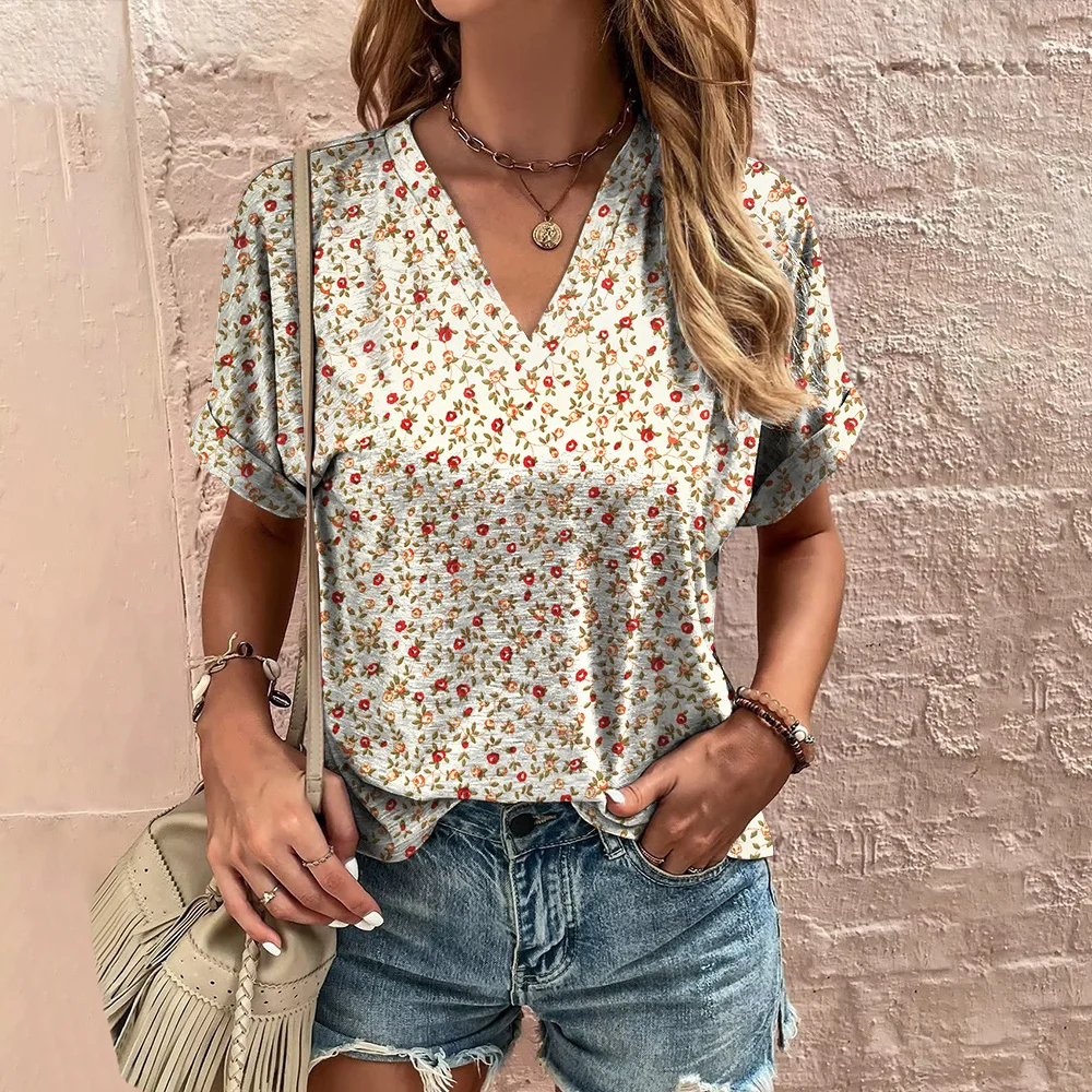 V-neck Printed Women\'s T-shirt Casual Tops Floral Cheap Blouse Summer Fashion Ladies Clothes Female Oversized Short Sleeve Tees