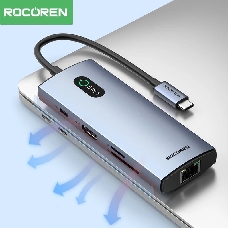 Rocoren USB C 허브 PD 100W RJ45 USB 3.0 스플리터, SD 리더, 맥북 에어, 삼성, 샤오미 노트북용, 11 인 1 독 스테이션, 8 인 1 