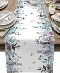 Spring Blue Eucalyptus Leaves Linen Table Runner Holiday Party Decor Farmhouse Kitchen Dining Table Runner Wedding Decorations