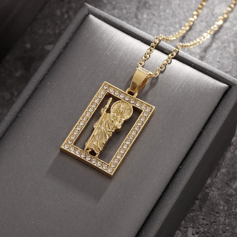 Classic Hollow Religious San Benito Statue Necklace Jesus Pendant Necklace Lucky Amulet Jewelry for Men and Women