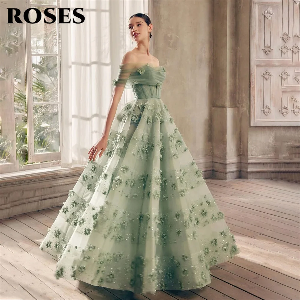 ROSES Light Green Prom Dress with 3D Floral and Sequin Formal Gown Off Shoulder Night Dresses Tulle Evening Dresses Customized