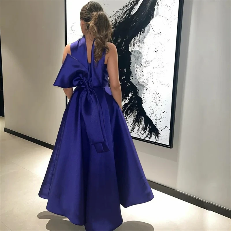 Elegant Purple Short Evening Prom Dresses Satin Customized Halter Bow Tea Length Vestidos Elegantes Para Mujer 2023 Saudi Arabia