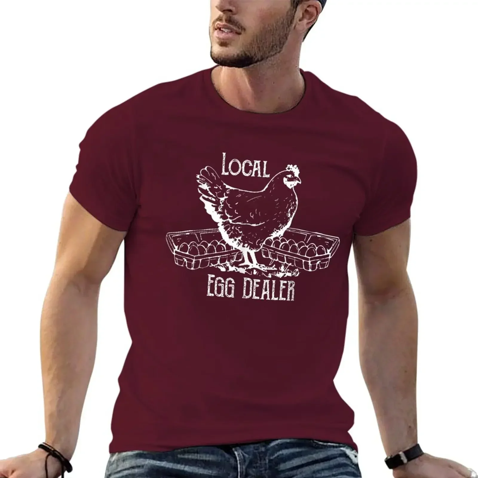 2024 summer new men t shirt Local Egg Dealer Funny Bleached Chicken Lover Farm Farmer T-shirt heavyweight Round Neck streetwear