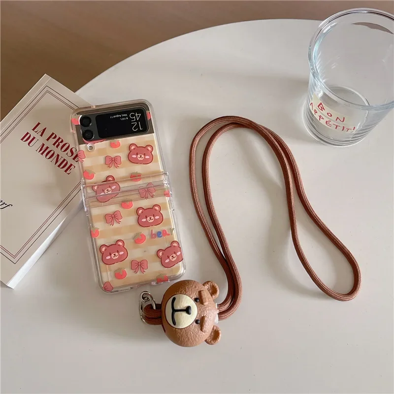 Funda de teléfono con cordón de oso lindo para Samsung Galaxy Z Flip 6 5 4 3, funda trasera protectora para ZFlip4 ZFlip5 ZFlip6