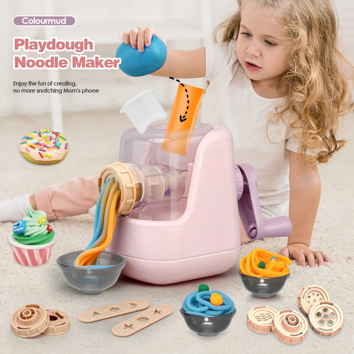 Playdough Noodle Maker Set – Safe Wheat Flour Clay with 12 Colors & Molds for Kids' Creative Pretend Play