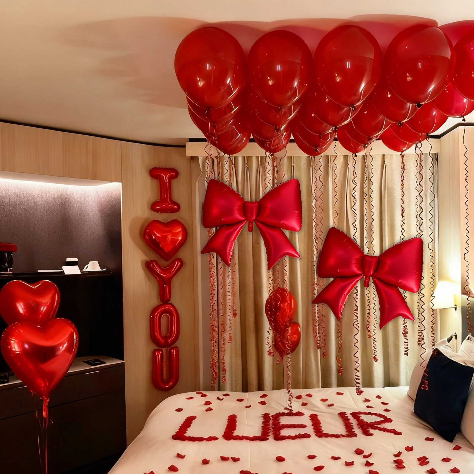 I LOVE YOU Ballon-Set, rote Schleife, Aluminiumfolie, Ballon, Simulationsblütenblätter, Geburtstagsfeier, Vorschlag, Hochzeitstag, Dekoration