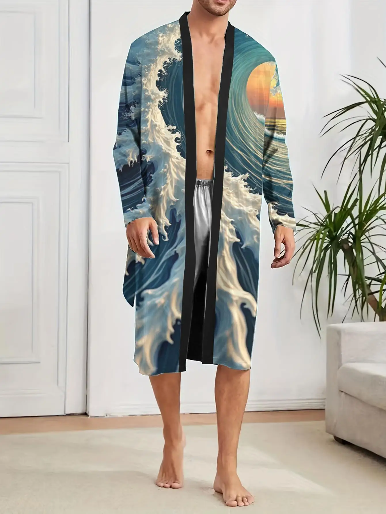 

New Digital Printed Fun Bathrobe, Comfortable and Skin Friendly Men's Long Sleeved Thin Ice Silky Home Bathrobe, Medium Long Men