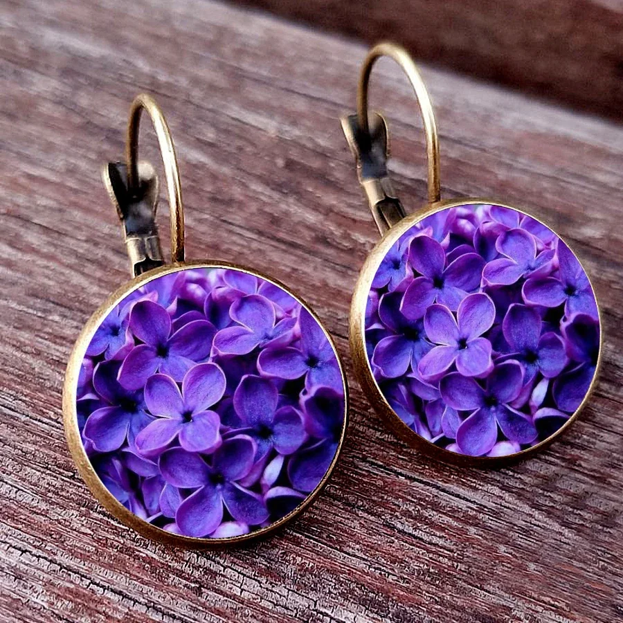 2024 French Fashion Blue Rose Purple Lilac Earrings Sunflower Stud Earrings Tulip Earrings Flower Glass Cabochon Dangle Earring