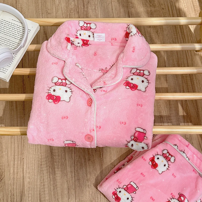 Sanrio Hello Kitty Women\'s Winter Pajamas Fleece Lapel Cardigan Homewear Two-piece Set Coral Fleece Thickened Warm Pajamas