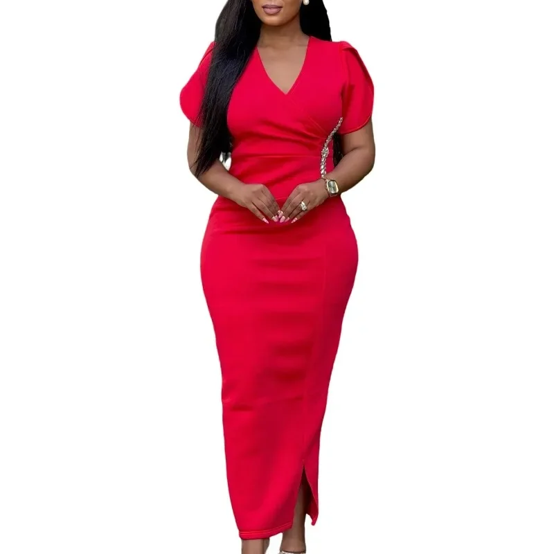 여성을위한 우아한 아프리카 드레스 여름 아프리카 짧은 소매 v-목 폴리 에스터 파티 저녁 긴 드레스 대시 키 아프리카 의류