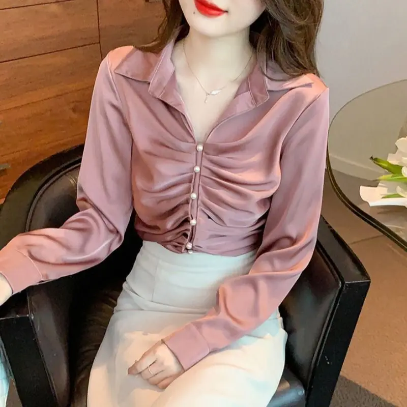 

Solid Turn-down Collar Tops Casual Femme Long Sleeve Women's Clothing Pleated Elegant Office Lady Spring Autumn Loose Blouses