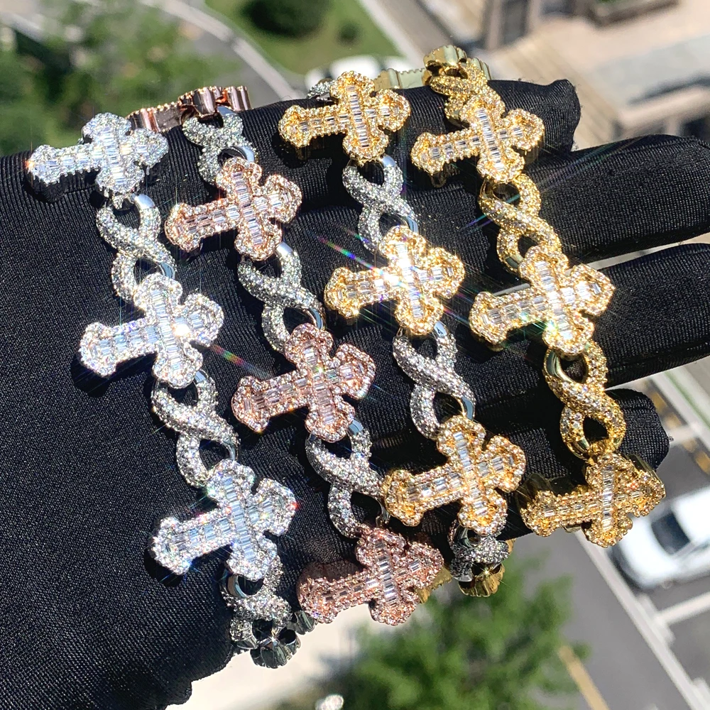 

Ice Out Micro Pave Bling CZ Cross 2024 Inifinity Link Chain Bracelet Prong Setting 5A Cubic Zirconia Hip Hop Jewelry Women Men