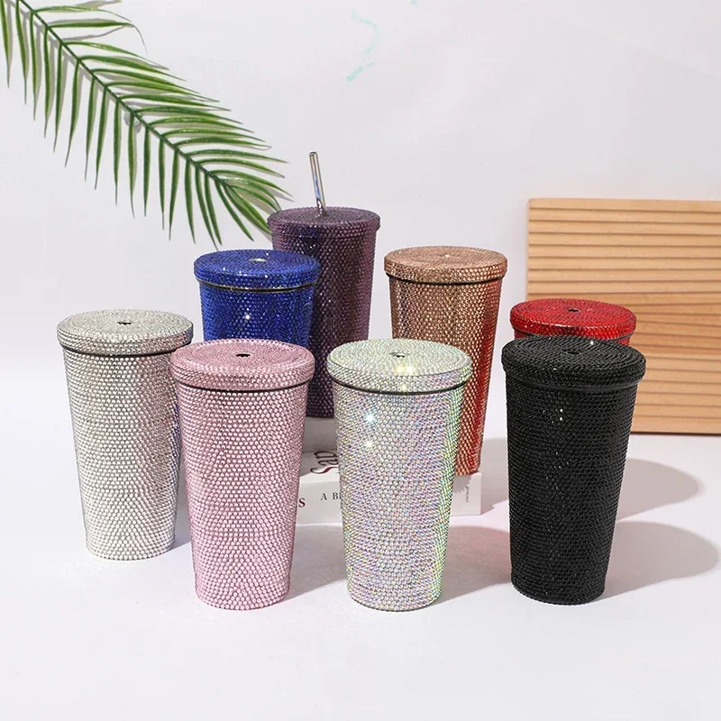 750ml Bling Diamond Thermos Cup Portable Stainless Steel with Straw Glitter Rhinestone Water Mug Thermal Flask for Women Gril