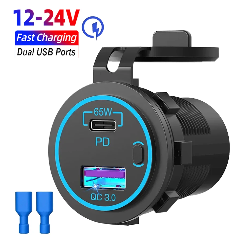 12V Dual USB Car Charger Waterproof Socket PD and QC 3.0 Fast Charging Port Power Outlet with Power Switch For RV Car