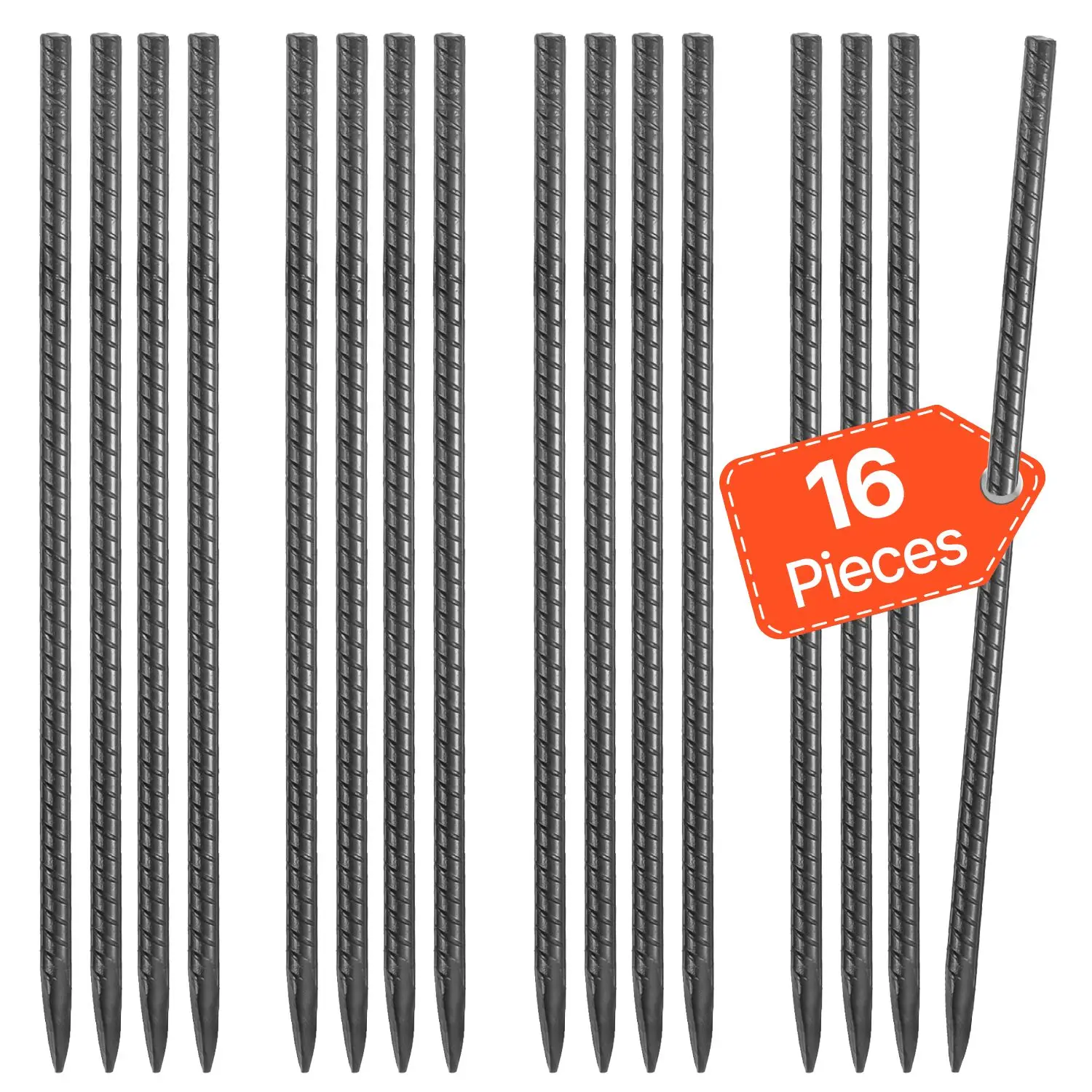 Rebar Stakes, 16-Inch, Heavy-Duty 0.45 in Diameter, Straight Galvanized Steel Ground Anchors with Chisel Point End & Rust-Resist