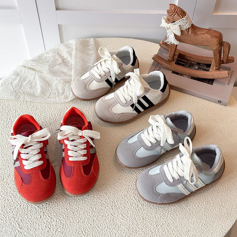Kids Casual Shoes Leather Patchwork Lace Up hook loop Sneakers Boys Girls Flat Shoe 2026 Autumn Children Walking Footwear 27-36