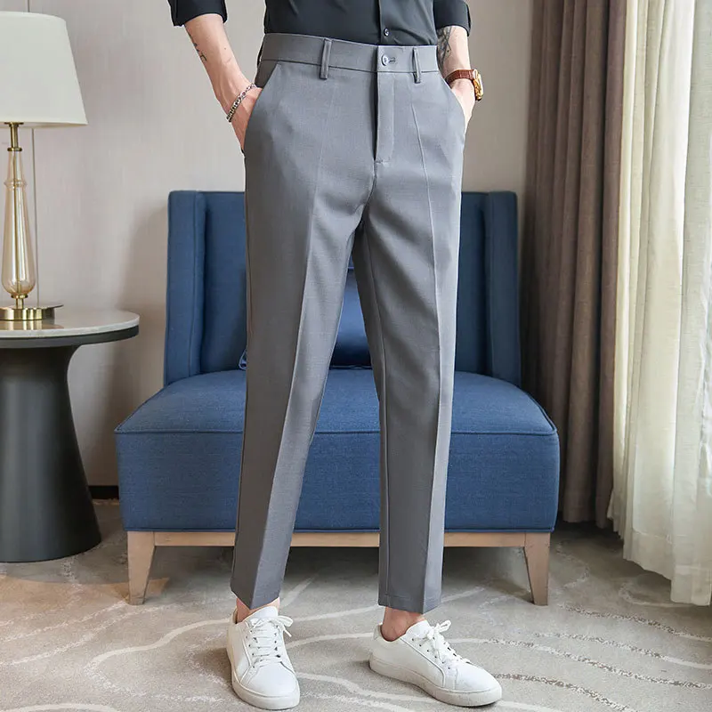 Summer Thin Ankle Length Mens Formal Pants Fashions Slim Business Dress Pant Men Beige Black Trousers For Male Light Weight