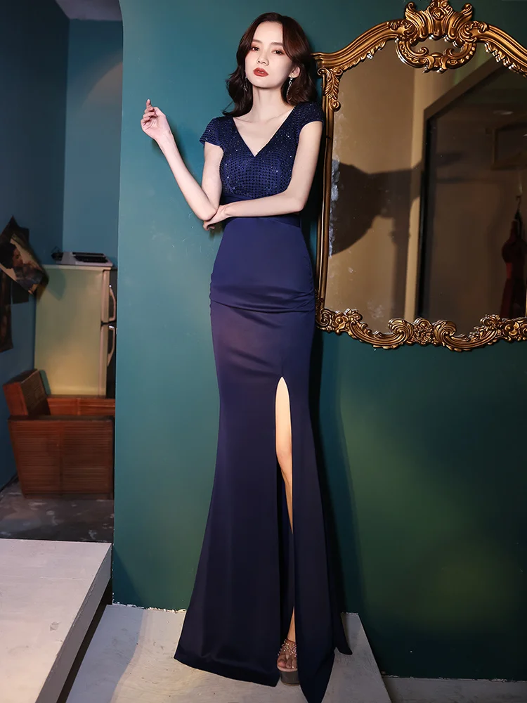 

Blue Evening Dresses for Women 2023 New High Grade Light Luxury Small Group High End Host Temperament Celebrity Fishtail Dress