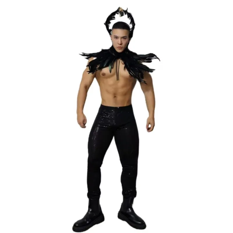 고딕 스타일 할로윈 파티 역할 놀이 의상 검은 깃털 망토와 스팽글 타이트 팬츠 세트 무대 공연 레이브 의상