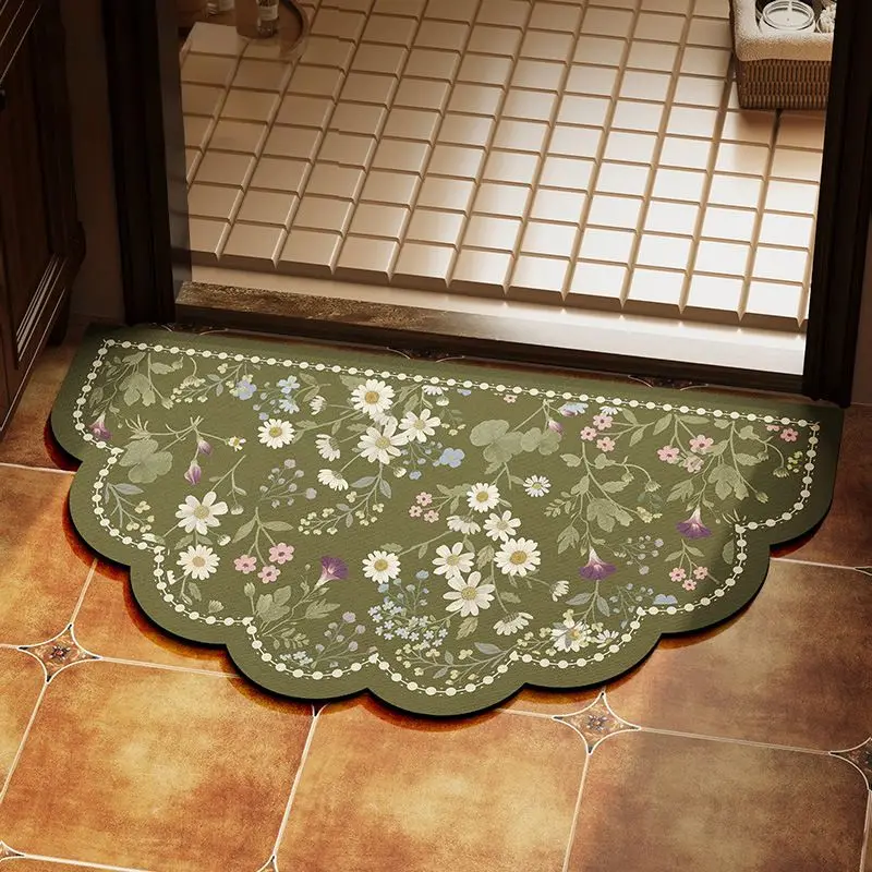 VIKAMA Vintage Floral Half-Circle Floor Mat Soft Diatom Mud Non-Slip Bathroom Rug Water Absorbent Shower Mat for Home Decor