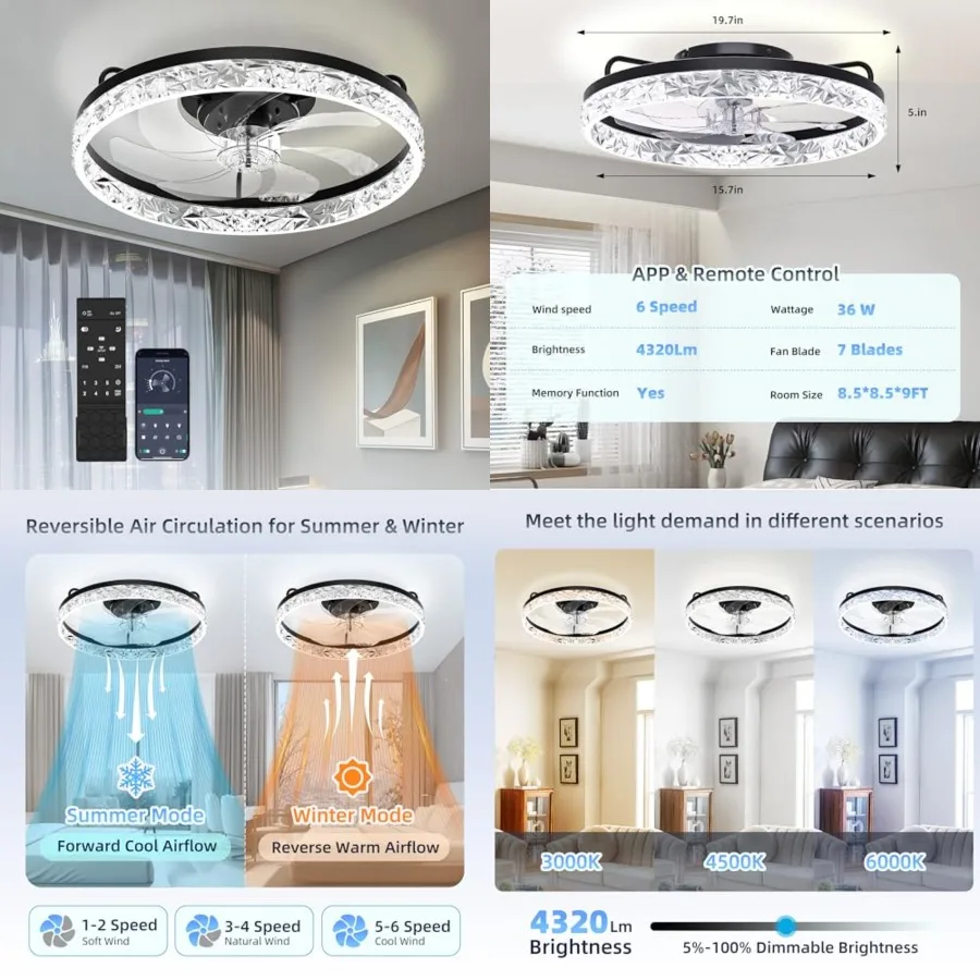 20 Inch Low Profile Ceiling Fans with Lights and Remote, Flush Mount Upgrade 7-Blade Ceiling Fan with Light, 3000K-6500K Dimmab