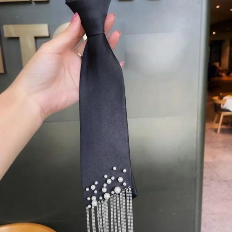652F Effortless Slip On Necktie Black Ribbon With Imitation Pearls Embellishment And Tassels For Professional Wedding Party