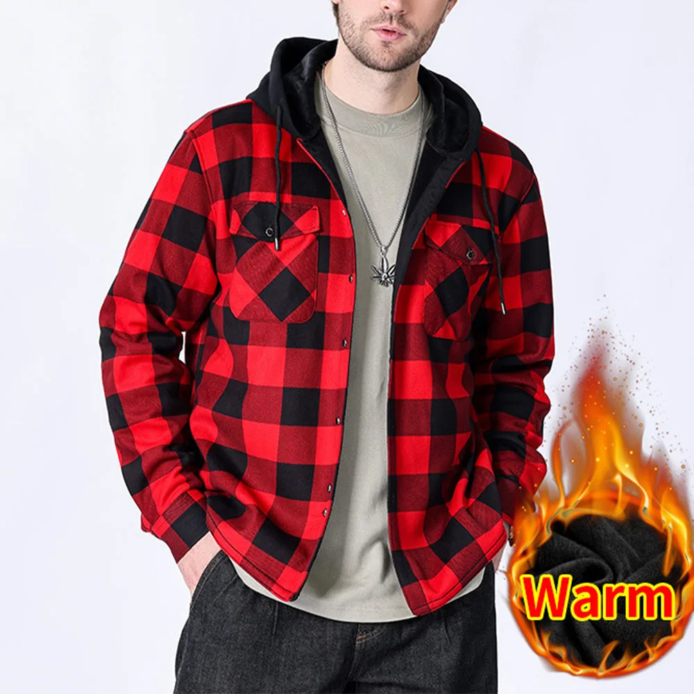 Men\'s Winter Jackets Large Size Flannel Casual Fleece Lining Hooded Plaid Shirts for Men Outwear Vintage Men Warm Coat