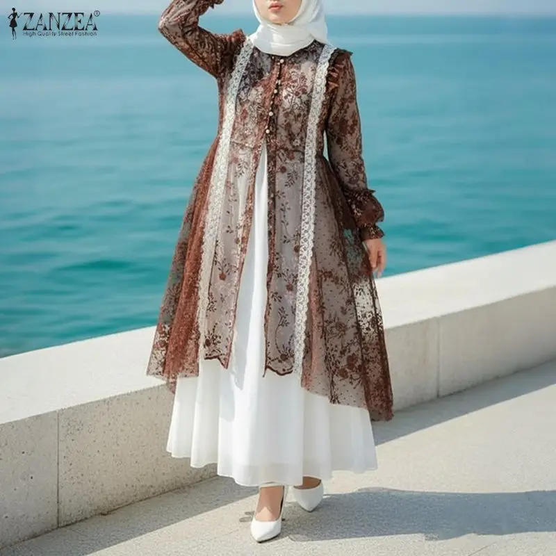 ZANZEA Muslim Long Cardigan Women Solid Color Outwear Casual Loose Irregular Long Sleeve Blusas 2026 Lace Patchwork Summer Coats