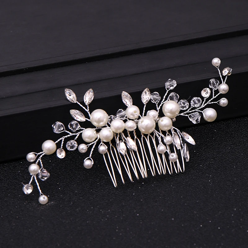 Silver Color Pearl Crystal Hair Combs Tiara For Women Bride Cheap Party Headpiece Wedding Hair Accessories Bridal Hair Jewelry image 3