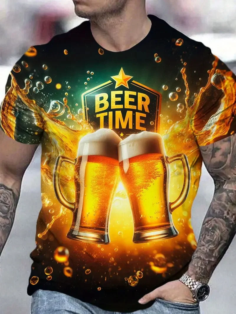 Men's Fashionable Beer Print T Shirt 3D All-Over Print Design Beer Graphic T-Shirts Mens Crew Neck Short Sleeve Tee Tops