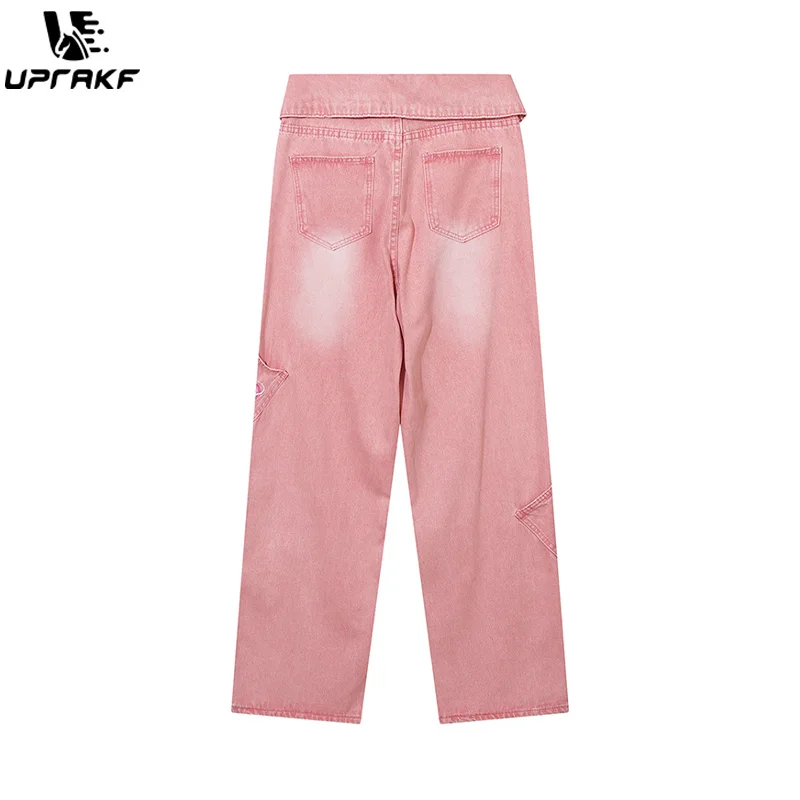 UPRAKF Cuffs Washed Cross Patch Pink Star Jeans Contrast Pants High Quality Fashion Pantalones Straight American