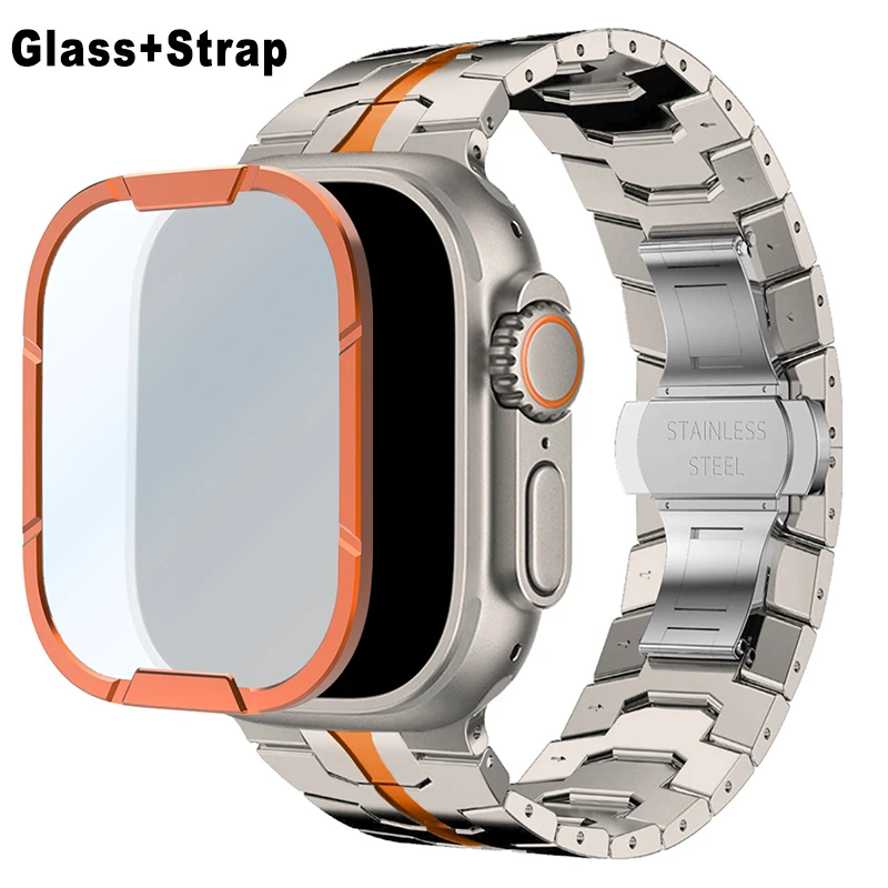 

Tempered Glass+Metal Band for Apple Watch Ultra 2 49mm Stainless Steel Strap Screen Protector Film for IWatch Series Ultra 49mm