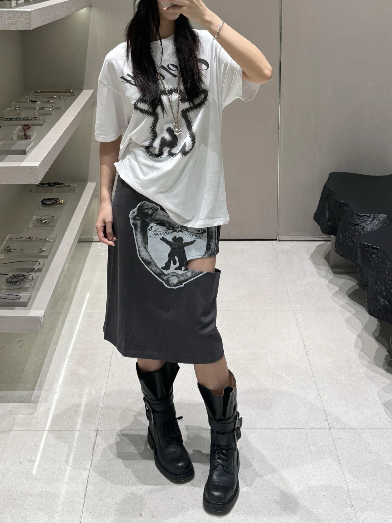 Korean Sle Heart aped Cut out Hole Tied Waist Straight Skirt mid Waist Design Cotton Blend Material Midi Skirt