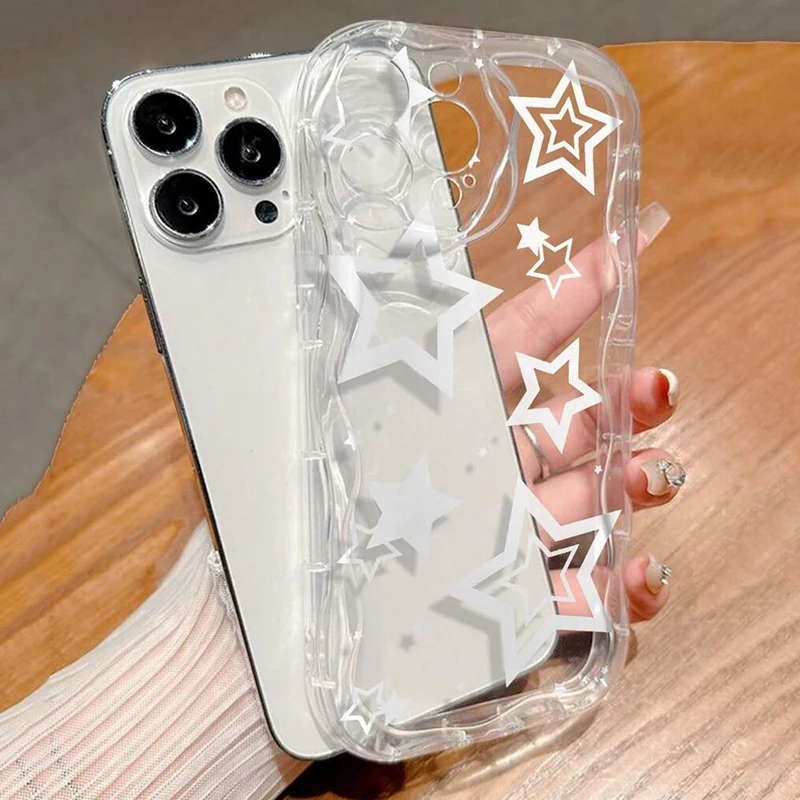 White Stars Pattern Print Clear 3D Wave Phone Case For Xiaomi 15 Cases Xiaomi 14T Pro 13 12 11 Lite 5G 14 12T Transparent Cover