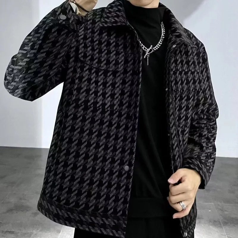 

Men's Winter Jacket with Houndstooth Pattern Thermal Insulated Cotton Padded Slim Fit Outerwear for Autumn Winter Stylish Warm​