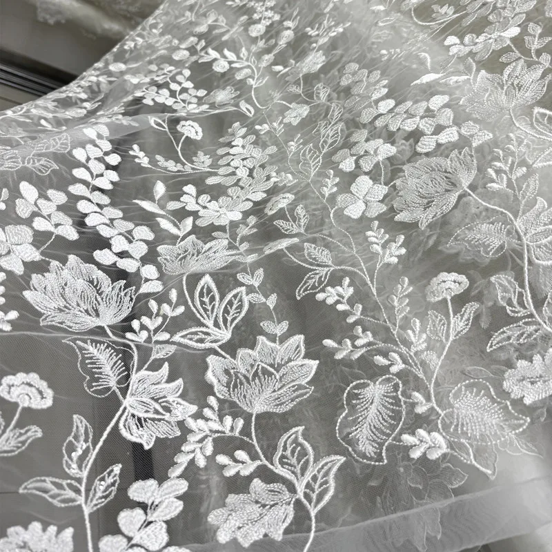 Premium Elegant Floral Leaf Embroidered Lace Fabric Wedding Dress Bridal Gown Evening Wear Formal Outfits Bridal Crafts Sheer