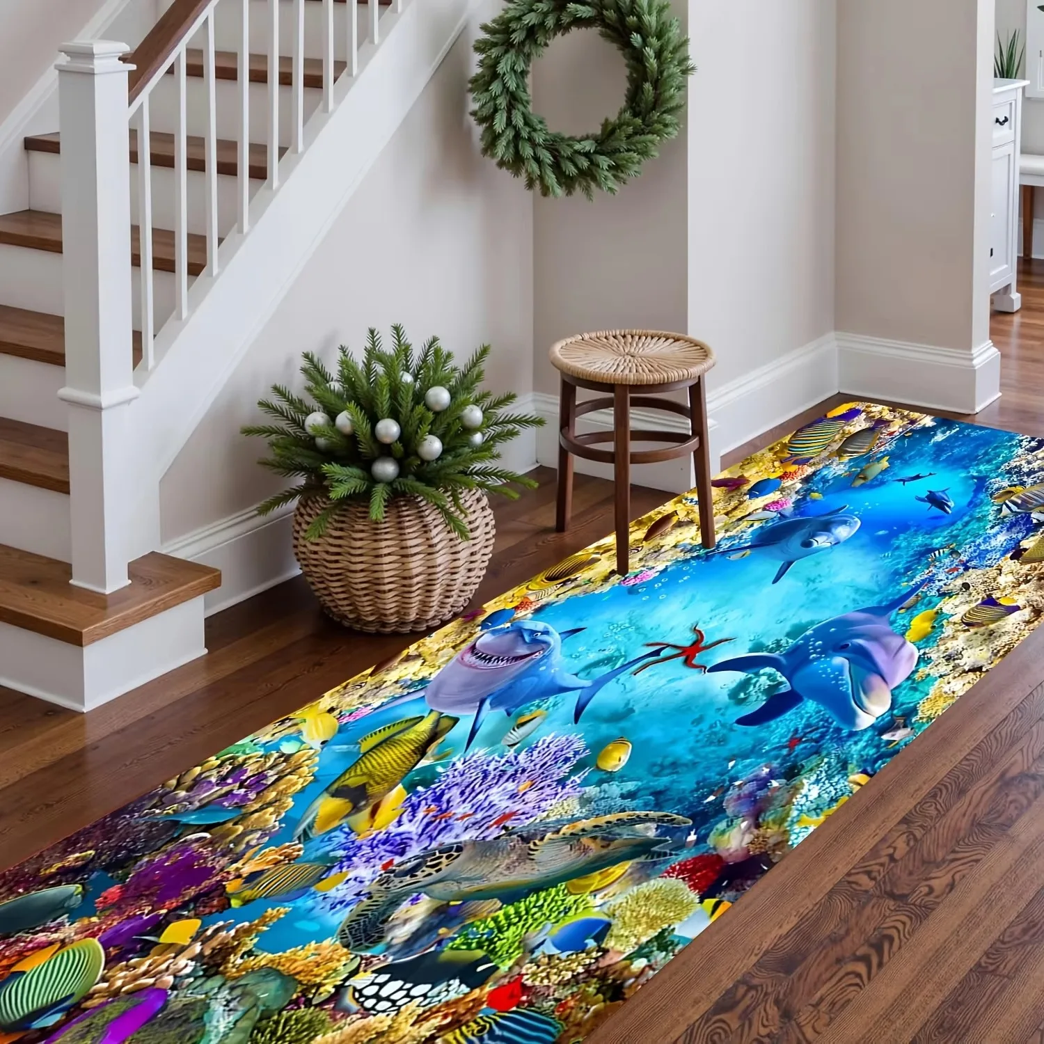 3D Underwater World with Dolphins & Fish Print Runner Rug, Non-Slip Washable Durable Floor Mat for Living Room & Ocean Themed