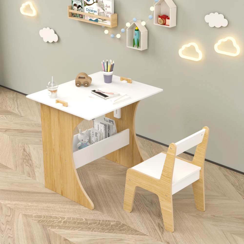 Kids Table Set with One Chair Multifunctional Wooden Children Study Table Convertible Tabletop for Study Drawing  Play Natural